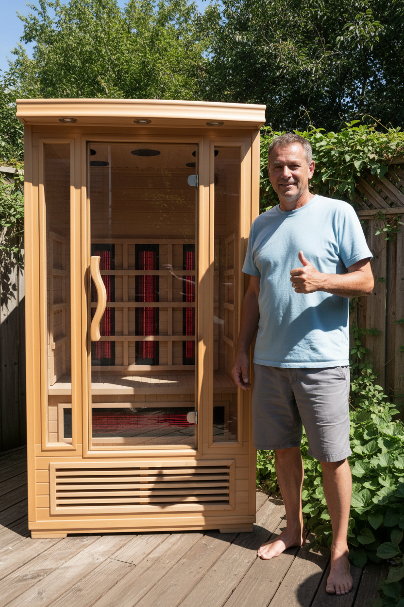 Man with thumbs up beside sauna